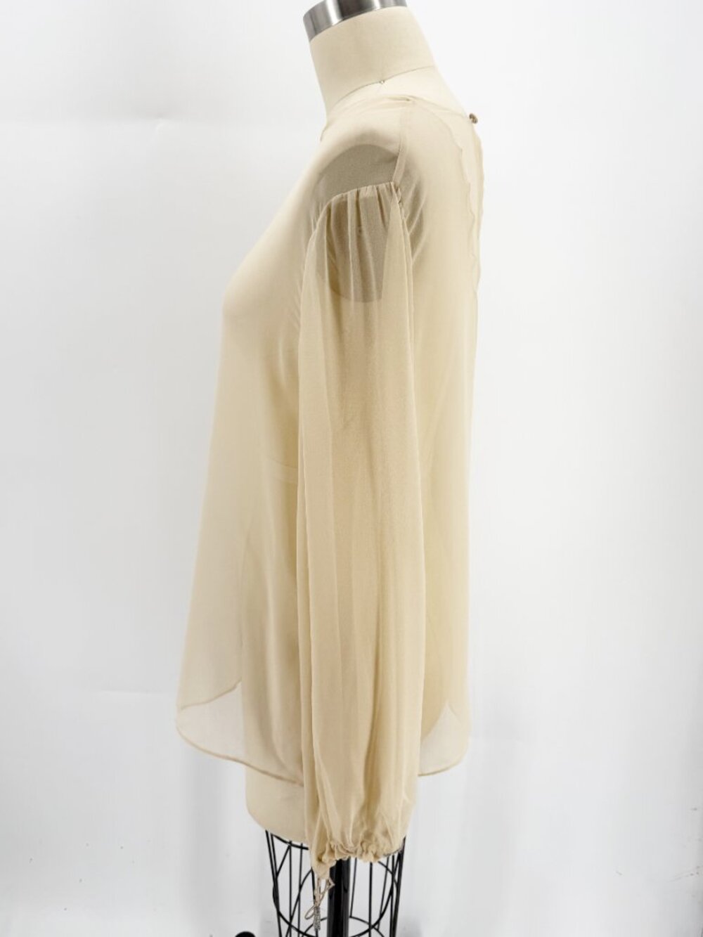 Neutral Beige Sheer LSV Rhinestone Tie Cuff Blouse M - Picture 5 of 9